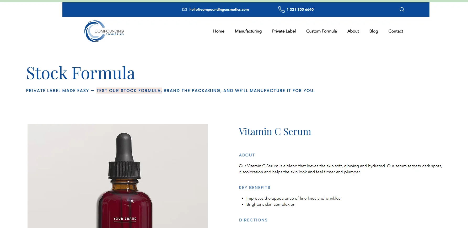 Screenshot of a website showcasing a Vitamin C serum bottle with customizable branding for private label production.